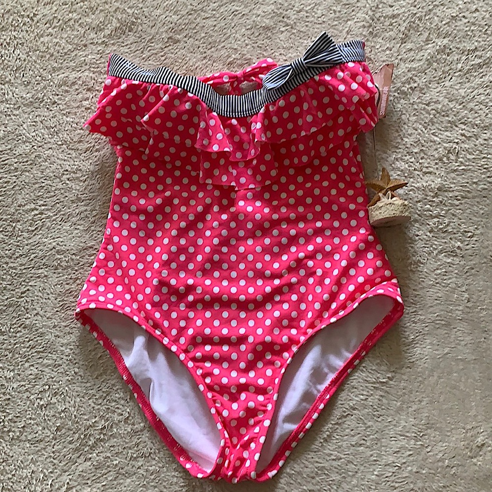 ARIZONA SZ S PINK POLKA WHIITE DOTS WITH RUFFLES & CUTE STRIPED BLUE BOW!!